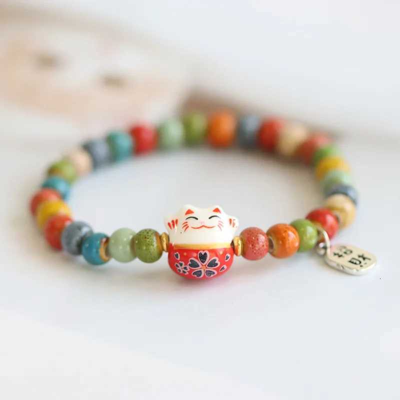 Cute Lucky Cat Bracelet For Girls Adjustable Colorful Beaded Bracelets Ceramics Cat Pendant Charm Bracelets Jewelry Wholesale H260228