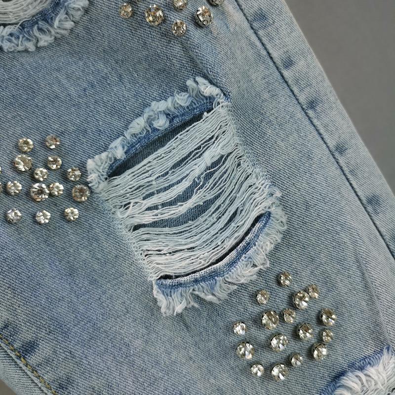 Womens trendy jeans 2026 summer new style loose fit slimming heavy-duty rhinestone embellished ripped cropped flare pants 251128