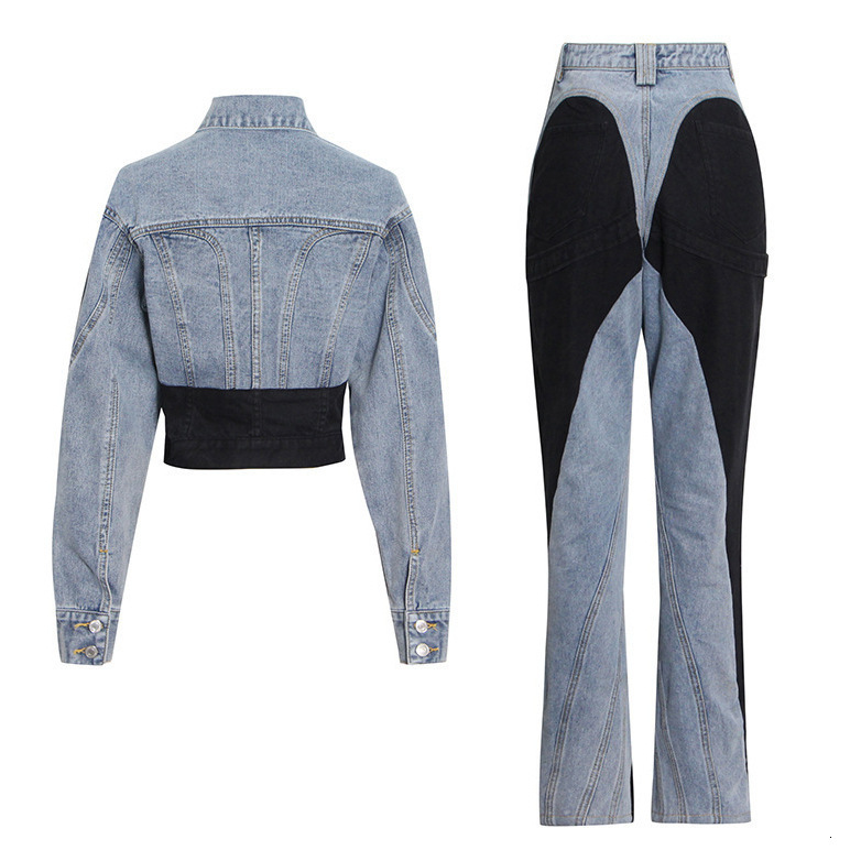 TWOTWINSTYLE Hit Color Splicing Denim Two Piece Set Womens Long Sleeve Jacket Womens High Waist Pencil Pants Jeans 240904