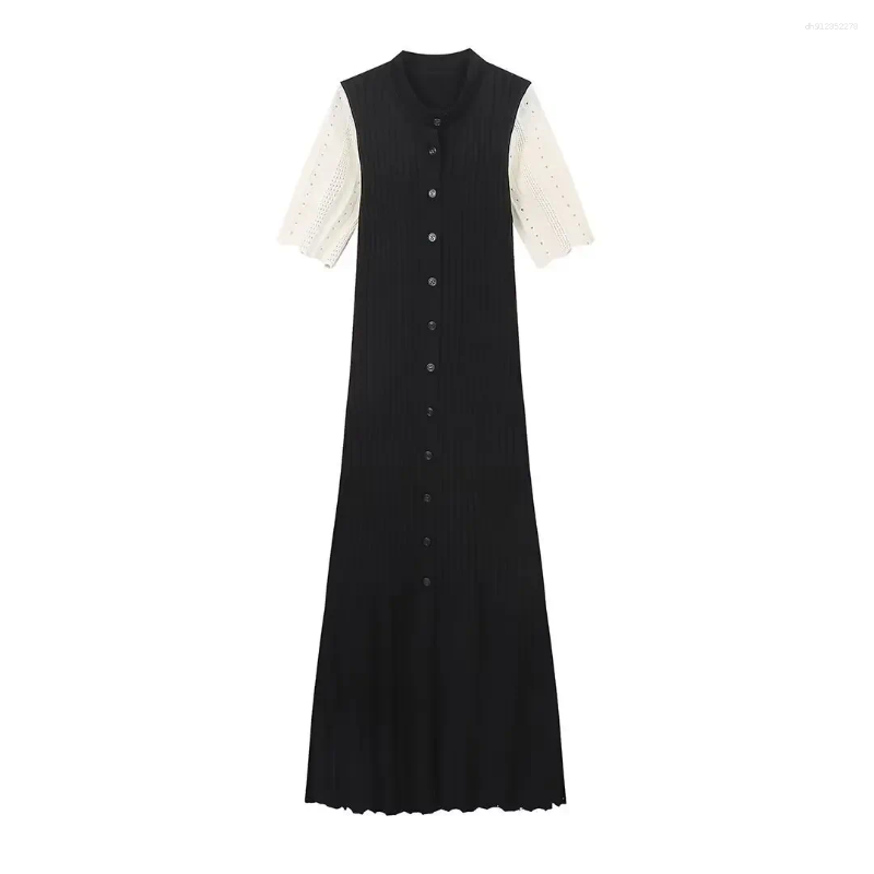 Casual Dresses Women Elegant Knitted Long Dress O Neck Solid Short Sleeved Button High Waist Split Female Fashion Gown