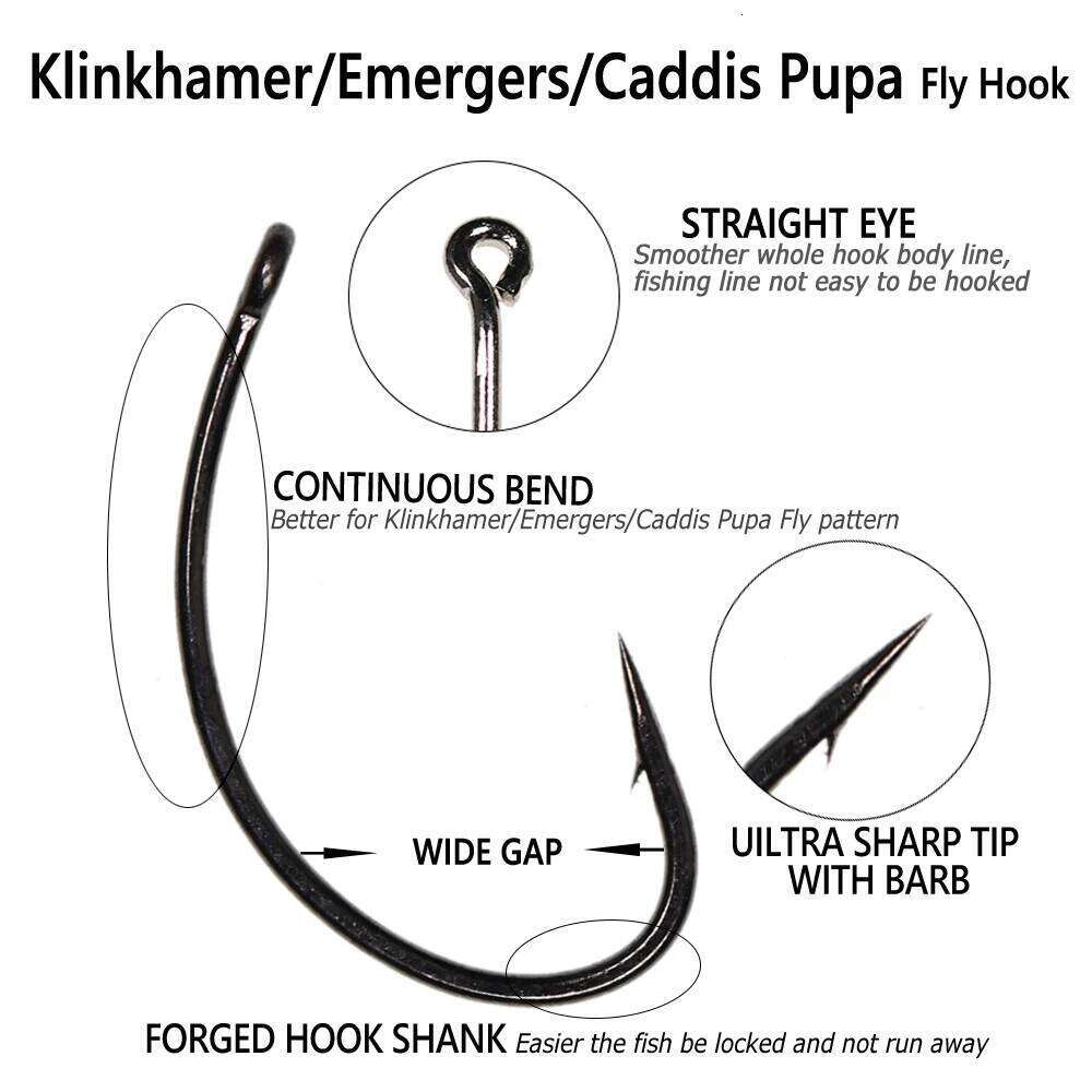 Wifreo 50pcs High-Carbon Steel Hooks Klinkhamer Emergers Caddis Pupa Fly Fishing Hook for Cripples Dry Flies with Barb Z260228