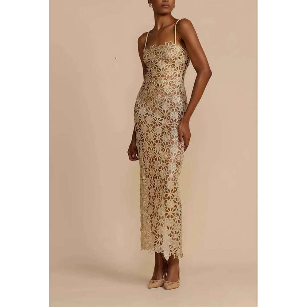 2026 spring niche fashion brand gold thread flower lace goddess style sexy slim fit long skirt