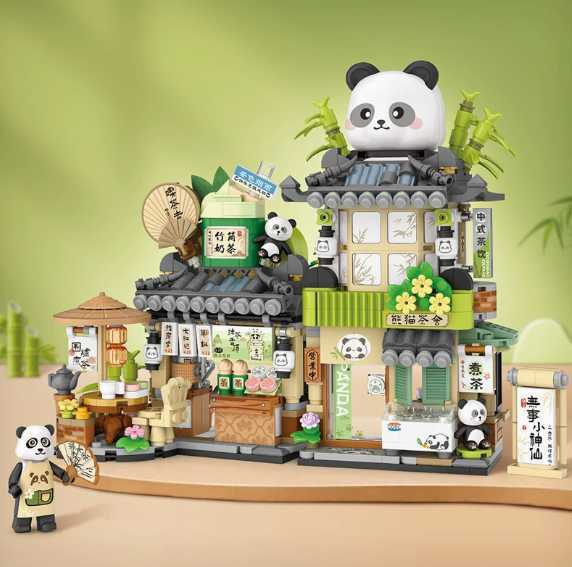 Building blocks panda tea room, little bear coffee shop, street scene architectural model, DIY assembly toy H260228