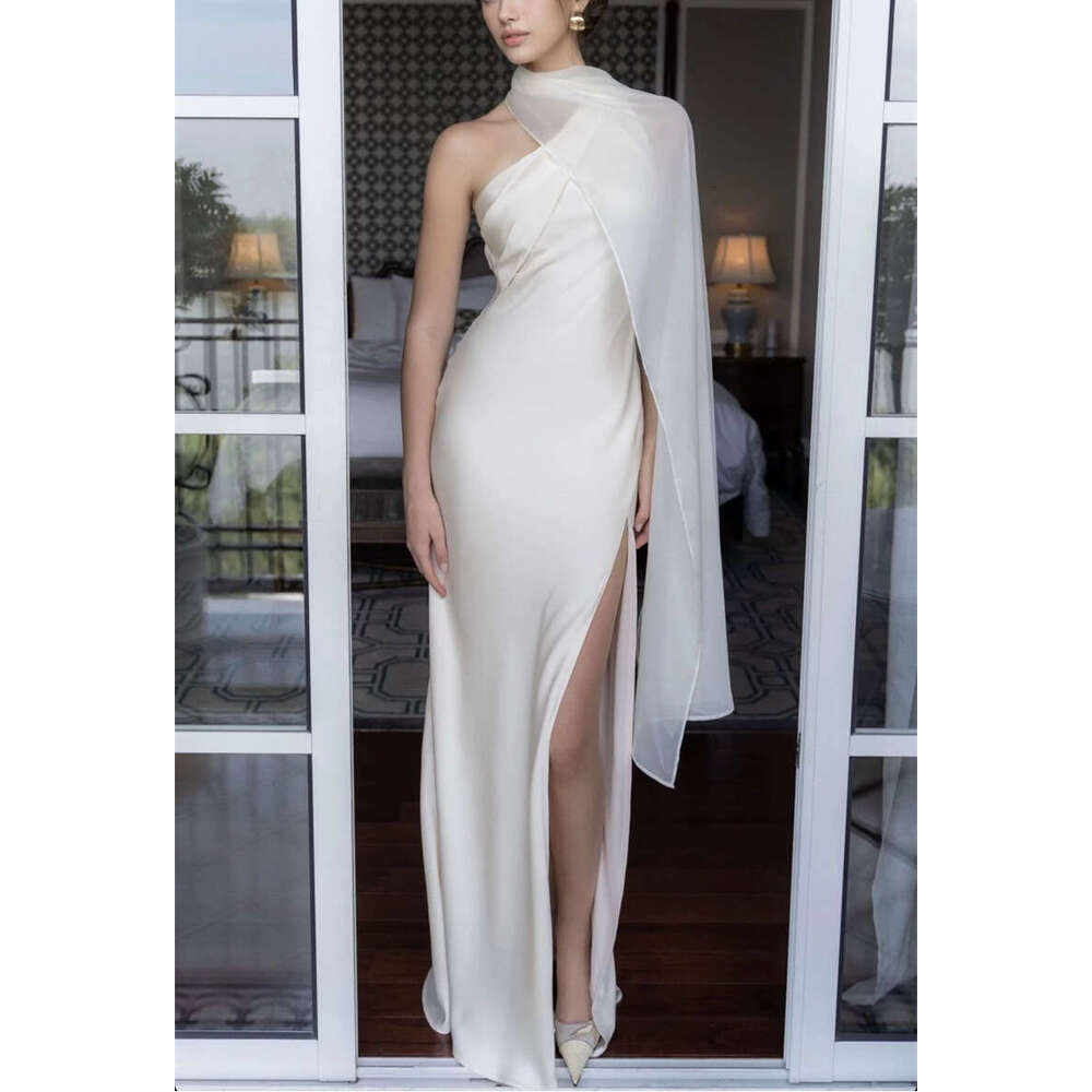 2026 socialite goddess sexy a2 one shoulder sleeveless scarf flowing satin slim slit long skirt