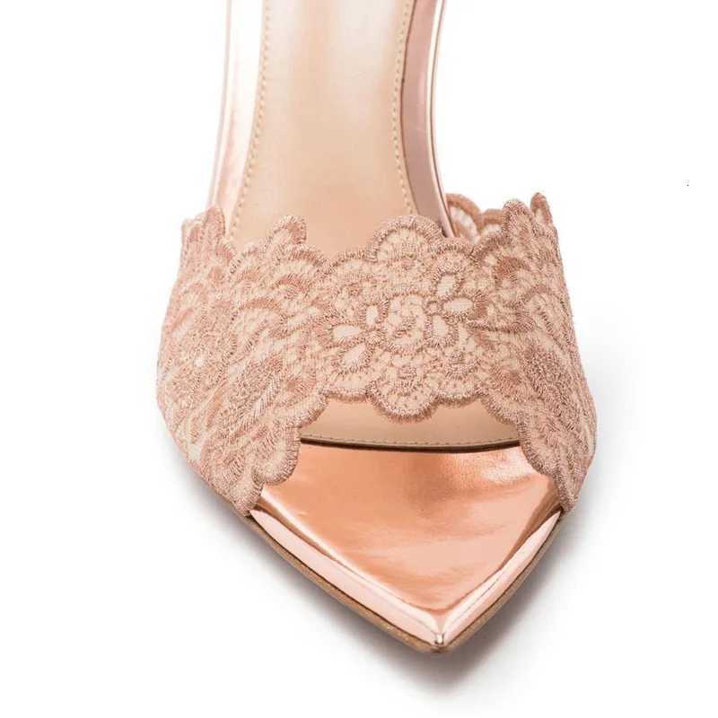 Elegant Womens Gold Lace Pumps Pointed Toe Slip High Heel Mules FAshion Stiletto Shoes for Party Wedding K260228
