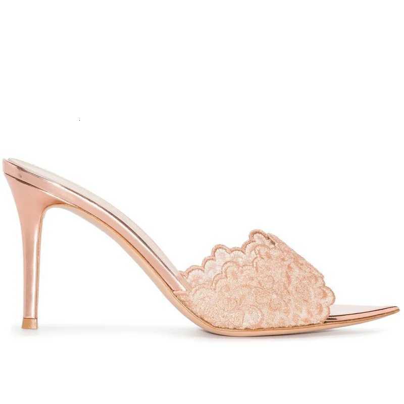 Elegant Womens Gold Lace Pumps Pointed Toe Slip High Heel Mules FAshion Stiletto Shoes for Party Wedding K260228