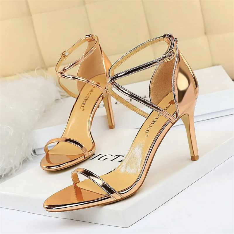 Women Thin High Heels Summer Champagne Gold Open Toe Strap Sandals Roman Pumps Gladiators Hollow Cross Strap Sandals K260228