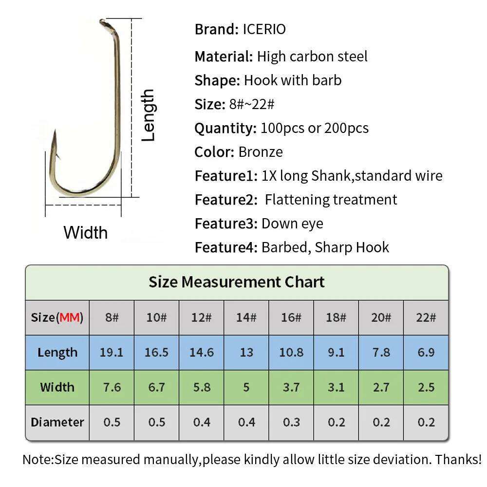 ICERIO 100PCS 200PCS Standard With Barb Nymph Dry Wet Fly Tying Hook 8#~22# Z260228