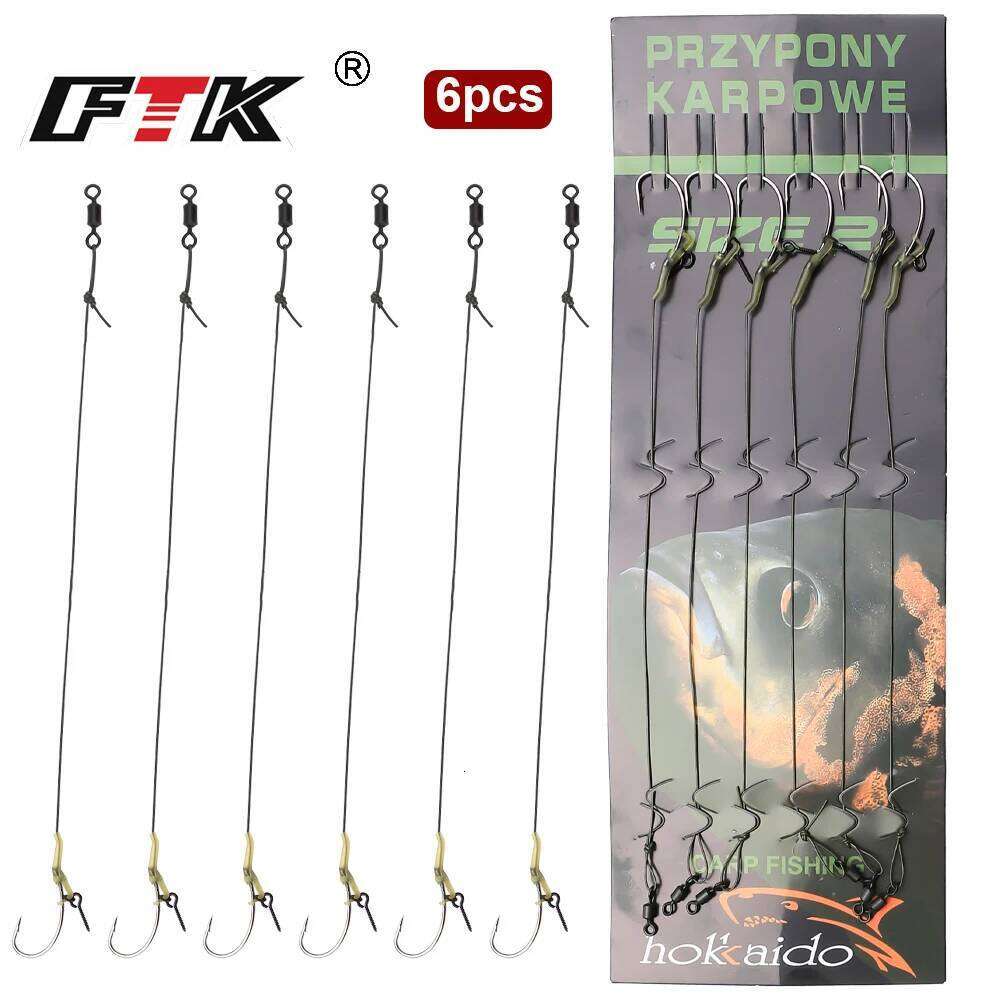 FTK 6PCS Hook With Bait Screw/Ring Swivel Strong Curve Shank Rig For Carp Fishing Accessories Tackle Z260228