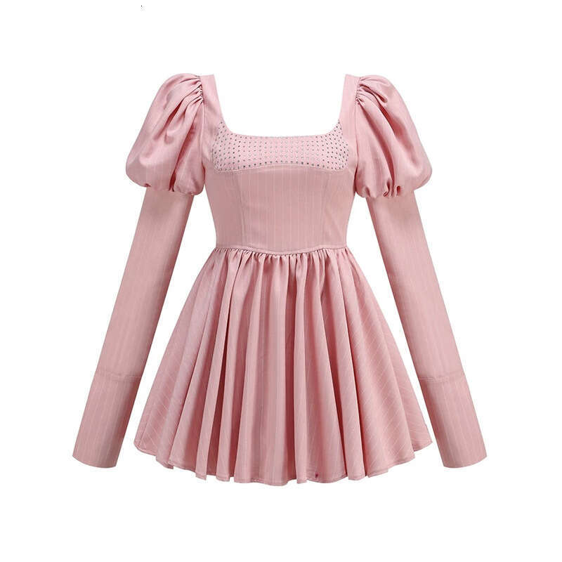 2026 autumn and winter a2 European and American niche heavy-duty rhinestone square neck bubble sleeve waist fluffy dress