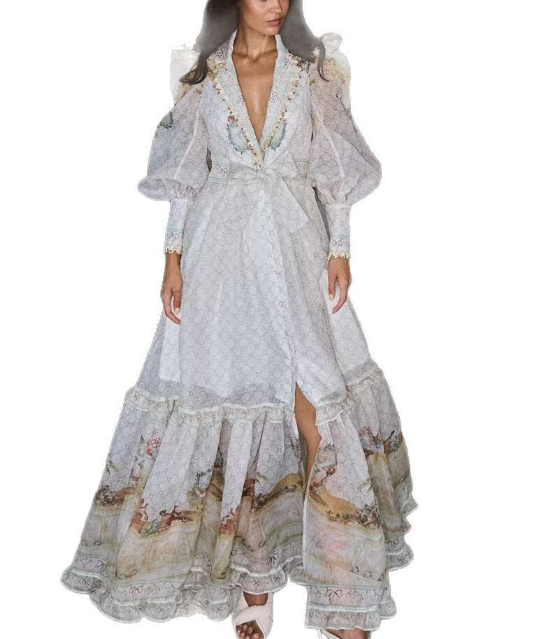 2026 early spring new niche retro palace a2 style deep V-neck lace up off shoulder printed vacation style long dress