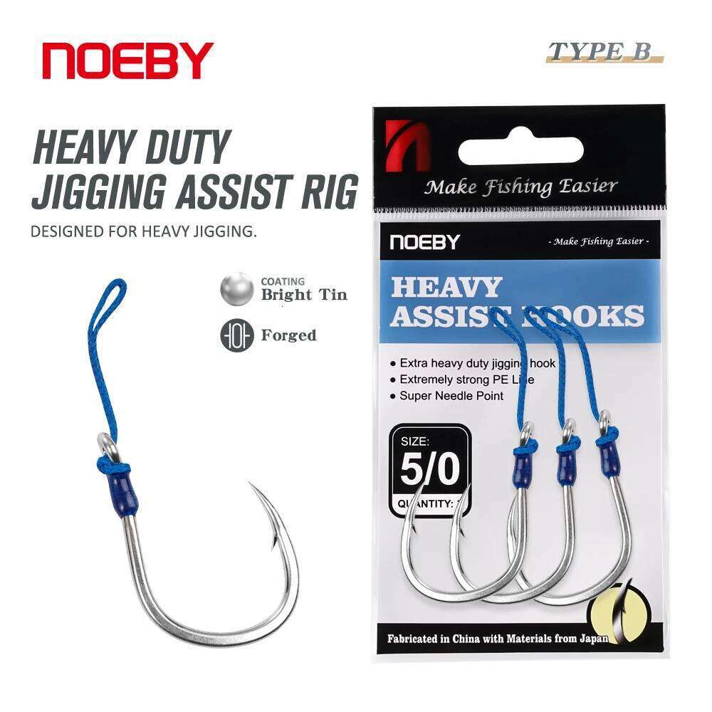 Noeby Heavy Duty Jigging Assist Rig 3PCs Bright Tin Thick Shaft Hook 4/0 5/0 6/0 7/0 Max Strength 149kg Metal Jigs Hooks Z260228