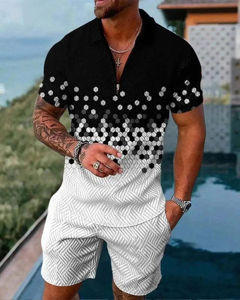 Mens Zipper Collar Polo Shirt And Shorts 2 Piece Set Hawaii Fashion Bohemian Geometric Style 3D Printed Summer Casual Suit 260227