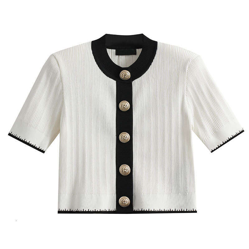 Designer's high-end lace small fragrance color block single breasted short a2 sleeved knitted thin cardigan slim fit top