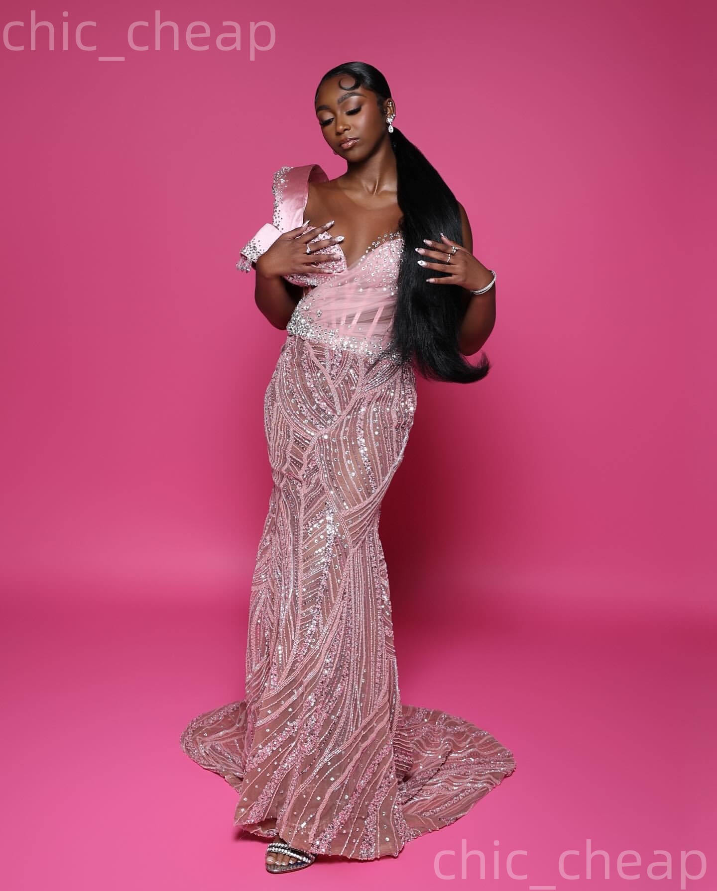 2k26 Pink Prom Dress 2026 Mermaid Beaded Crystals Sheer Neck Sparkly Evening Dresses For Black Women Birthday Party Formal Receiption Gowns Dresses ZJ