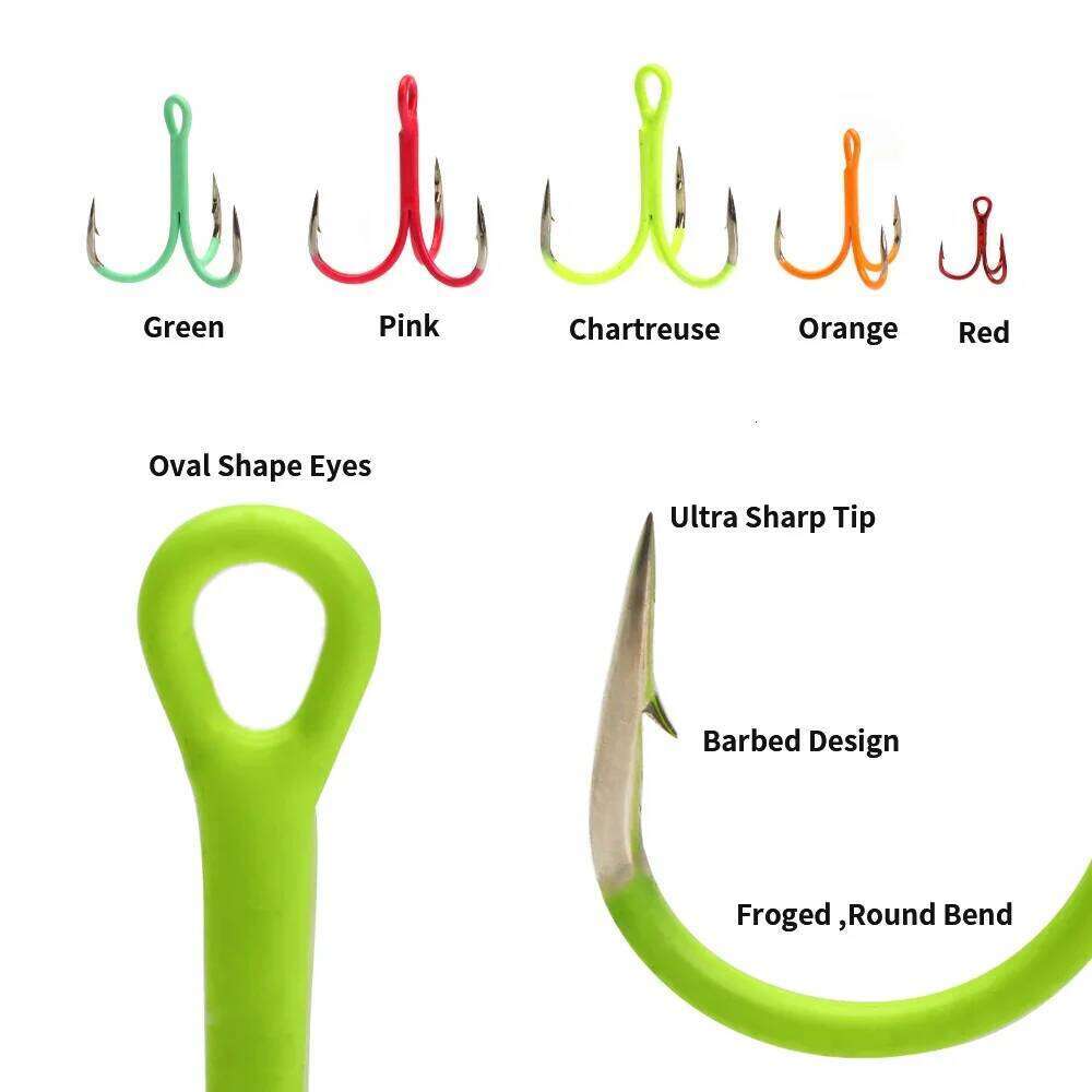 ICERIO 5/10pcs 14#-3/0# Fluorescent/Luminous Round Bent Inline Treble Hooks Saltwater Freshwater Fishing Lure Bait Triple Hook Z260228
