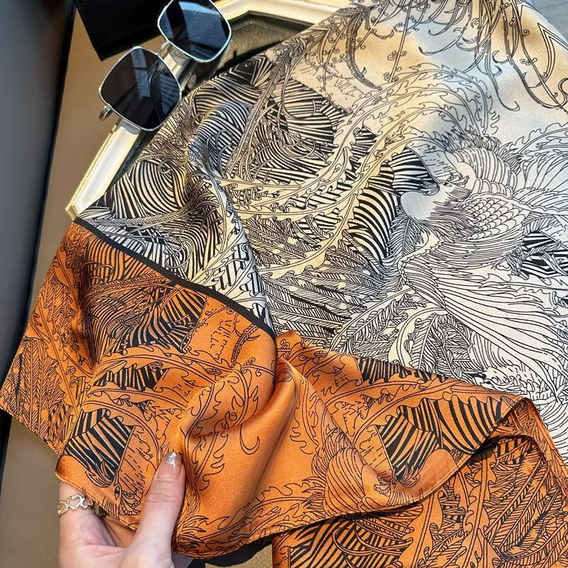 Elegant Orange Square 110 Printed Faux Silk Scarf Women Sun Protection Shawl Suitable As A Gift For Mom