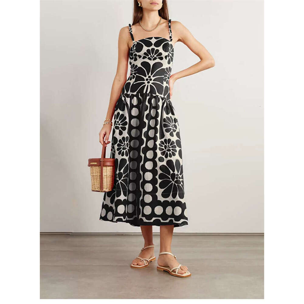 2026 spring/summer a3 European and American niche vacation style goddess temperament printed suspender long skirt paired with flowing skirt