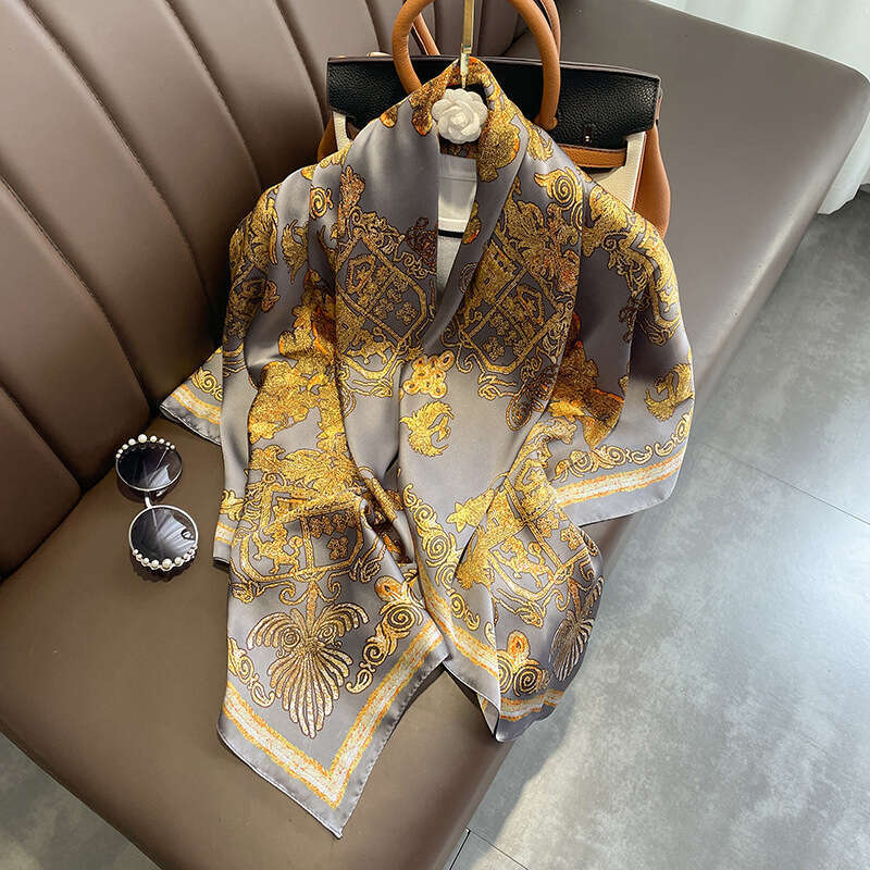 Elegant Orange Square 110 Printed Faux Silk Scarf Women Sun Protection Shawl Suitable As A Gift For Mom