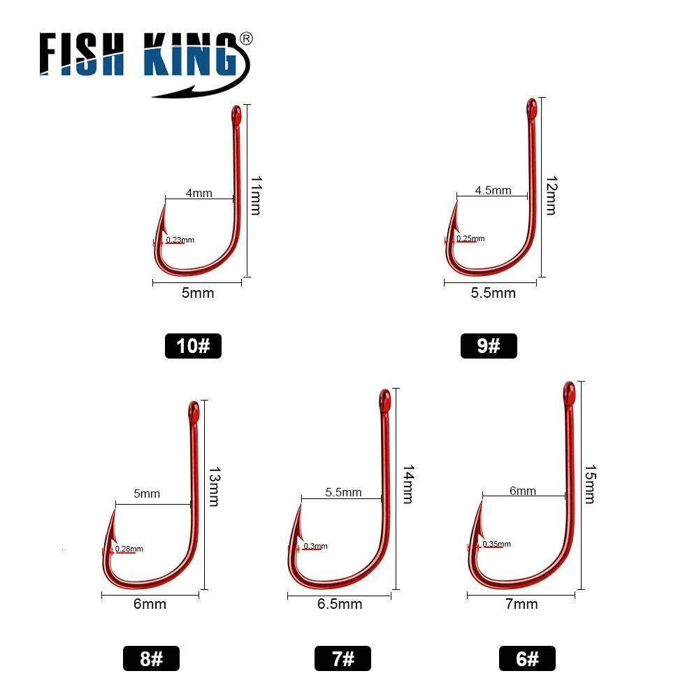 FISH KING 50pcs-100pcs Fishing 6#-10# Barbed High Carbon Steel Red With eyes Bent Baitholder Ringed Carp Hook Tackle Z260228