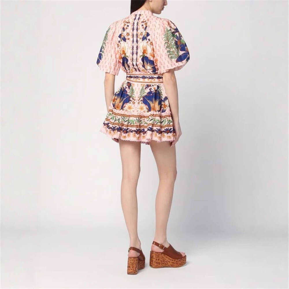 2026 a2 new women's niche design, painted printed bubble sleeves, sweet and loose tie dye short skirt