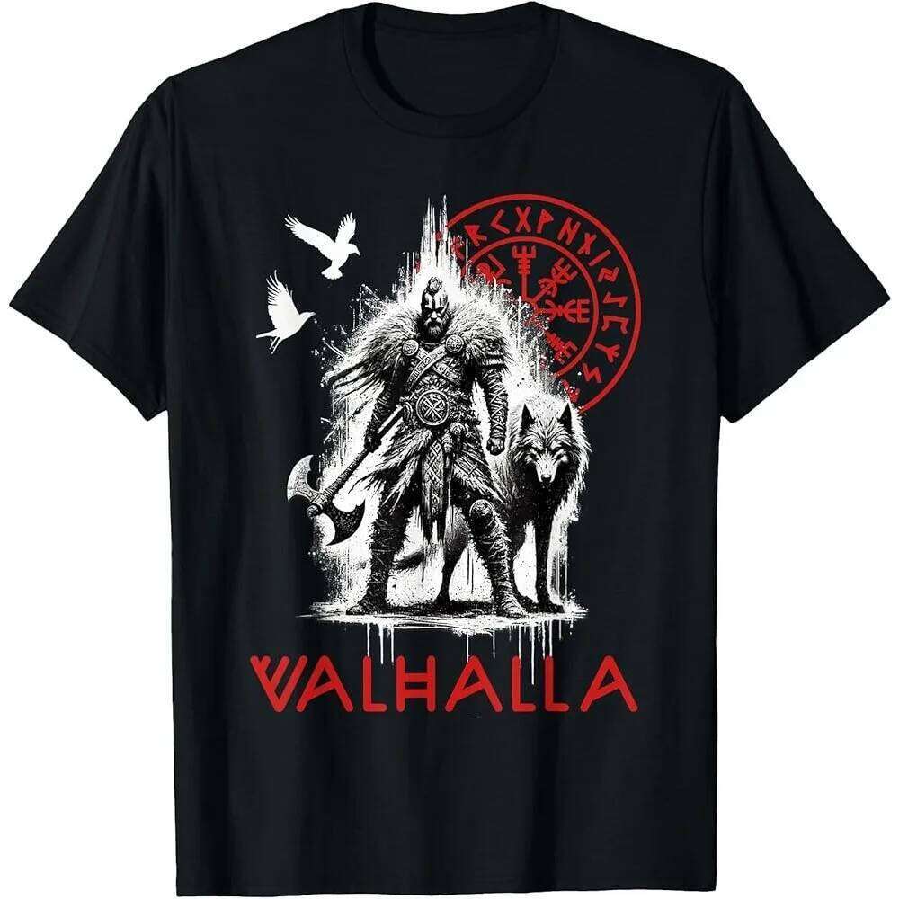 Valhalla Wolf and Raven Viking Runes Norse Compass T-Shirt Warrior Culture Tshirt Retro Pattern Men Crewneck Cotton Tee Top C260228