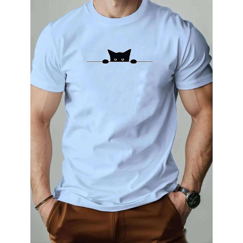 Men's Cotton O-Neck T-Shirt 2025 New Arrival Soft Touch Slim Fit Playful Cute Peeking Black Cat Graphic Tee Daily Casual C260228 - view 7