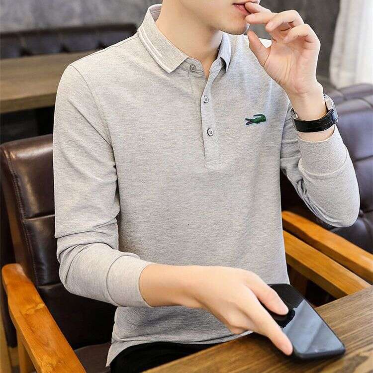 Noble Crocodile Spring and Autumn Embroidered designer handbag Men's Outerwear Long Sleeve Polo Shirt Slim Fit Plus Size LANTI KAST Striped New C