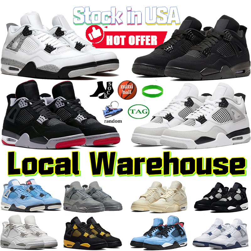 Local Warehouse 4s Basketball Shoes Low Black Cat Medium Pink University Blue Thunder Military Black Stock in USA Mens Womens Designer Sneakers sport men Trainers