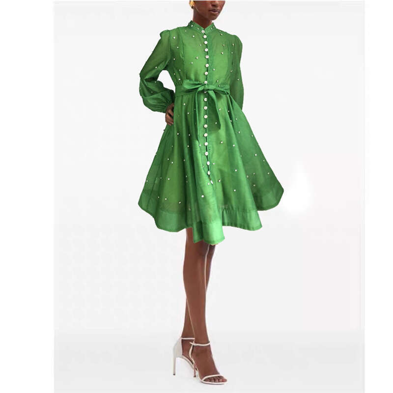 2026 spring/summer A1 new niche heavy-duty three-dimensional bead single breasted lace up elegant dress