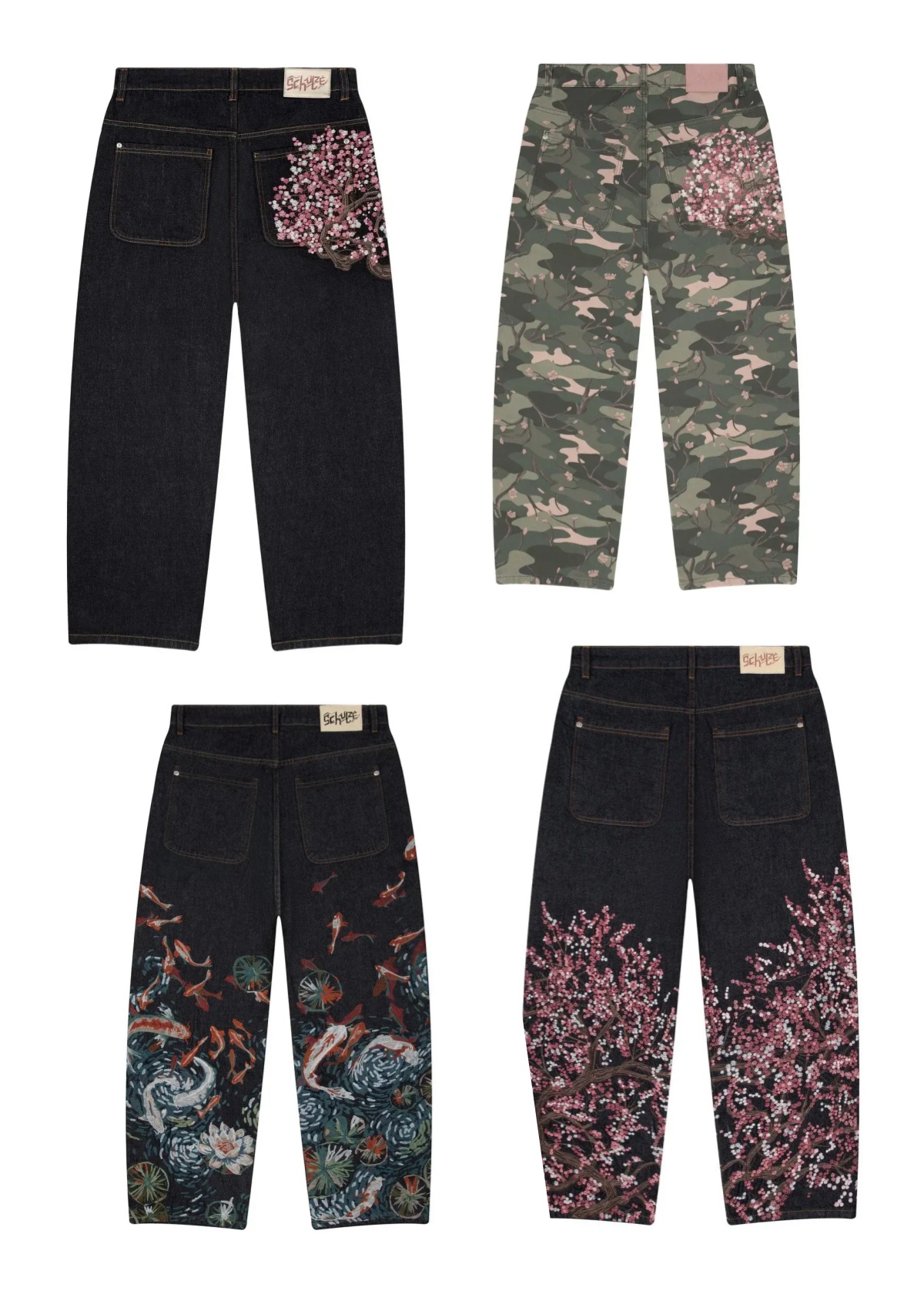 Derschutze Patchwork Cherry Blossom Embroidery Pants Y2k Vintage Baggy Straight Wide Leg Jeans Street Men Clothes