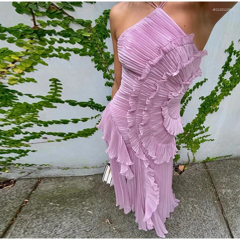 Casual Dresses Elegant Purple Halter A Line Prom Gowns Ruffles Tiered Backless Party Gown Summer Vacation Chiffon Long Evening Dress