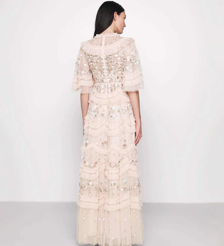 2026 Summer Fashion a3 Brand Fairy Embroidery Flower Ruffle Sleeves Goddess Mesh Cake Long Dress