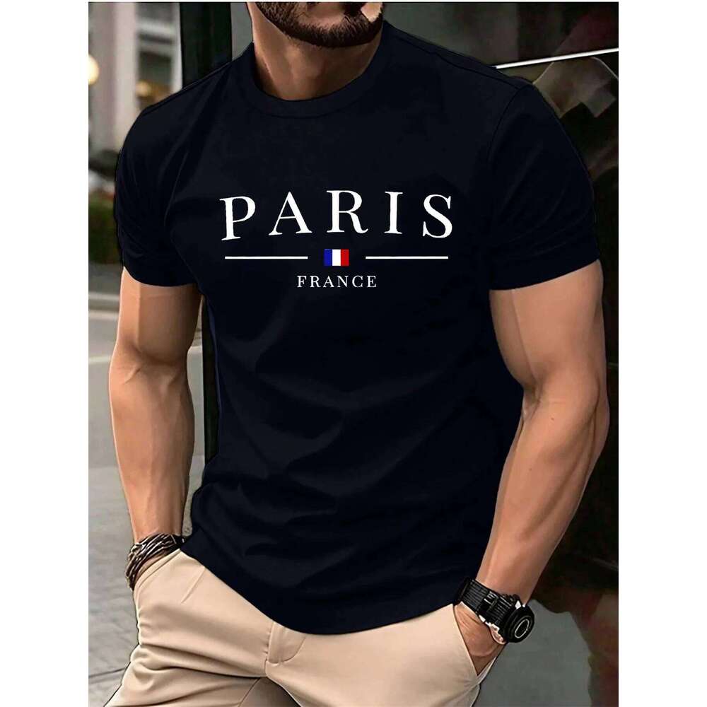 Summer men's 100% pure cotton casual loose plus size Paris French printed sports comfortable round neck short sleeved T-shirt C260228 - view 5