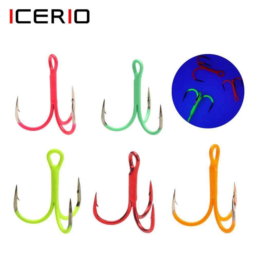 ICERIO 5/10pcs 14#-3/0# Fluorescent/Luminous Round Bent Inline Treble Hooks Saltwater Freshwater Fishing Lure Bait Triple Hook Z260228