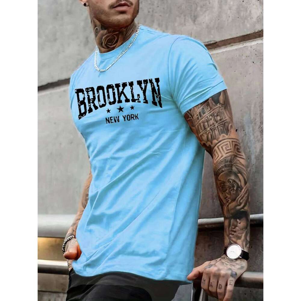 Men's 100% pure cotton summer casual loose Brooklyn New York letter printed comfortable round neck short sleeved T-shirt top C260228 - view 7