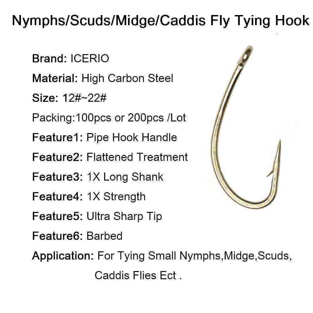 ICERIO 100PCS /200PCS High Carbon Steel Nymphs Scuds Midge Caddis Fly Hook For Tying Trout Bass Perch Fishing Lure 12#~22# Z260228
