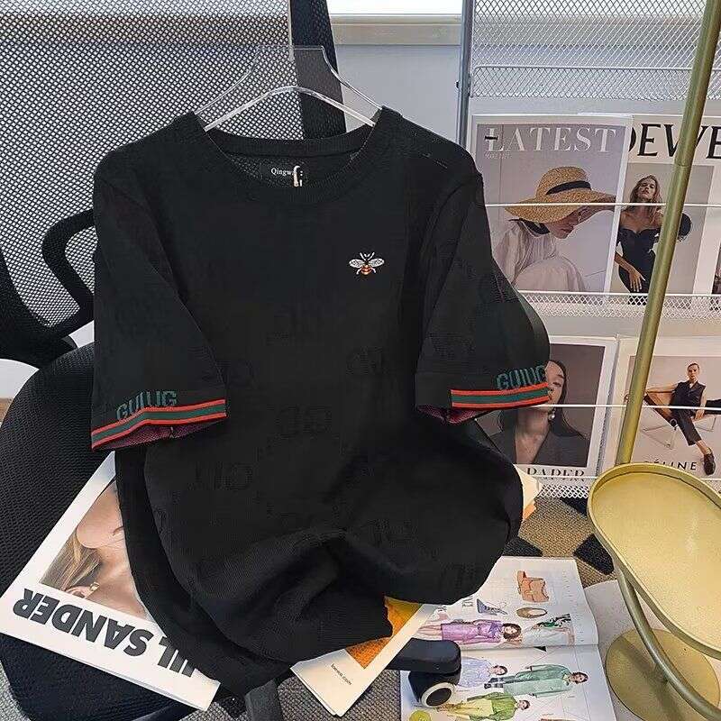 Men's Clohing Foreign Rade From He Sore~American-Syle Bee Embroidery Shor-Sleeve T-Shir, Ice Silk Round-Neck Plus-Size Kni