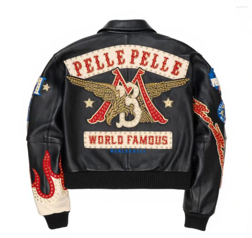 Men's Jackets High-quality PP Authentic Women's Black Blue Pink Genuine Leather Embroidered Diamond Short Jacket