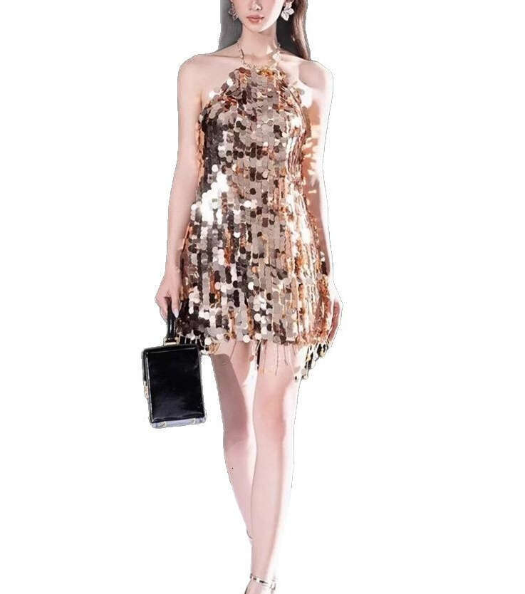 A1 2026 spring/summer new women's niche social celebrity sexy backless collar sequin party mini skirt