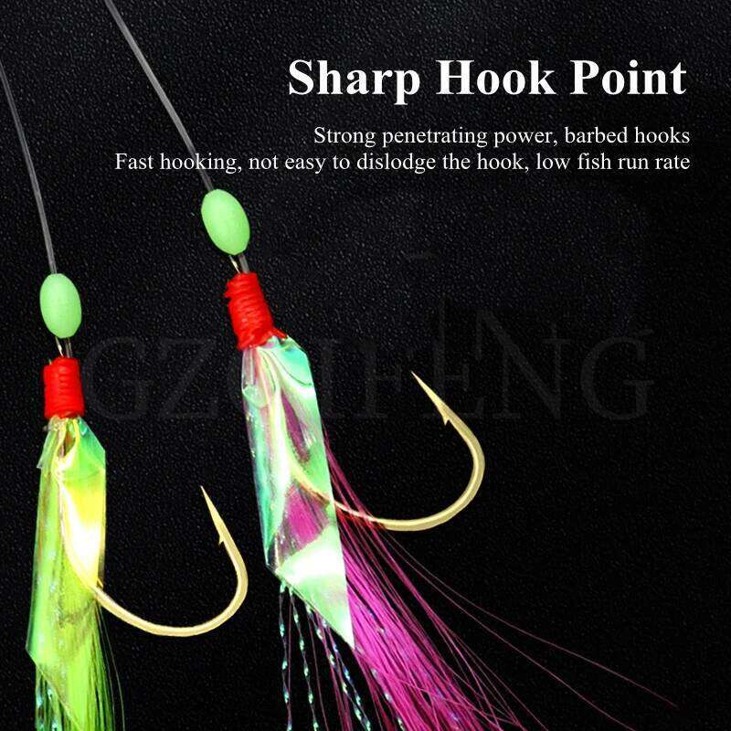 ZYZ Two-toned Fishing Sabiki Fish Skin String 12# 14# 16# 18# 20# 22# 1Set 6 Hooks With Luminous Bead Barbed Hook Z260228