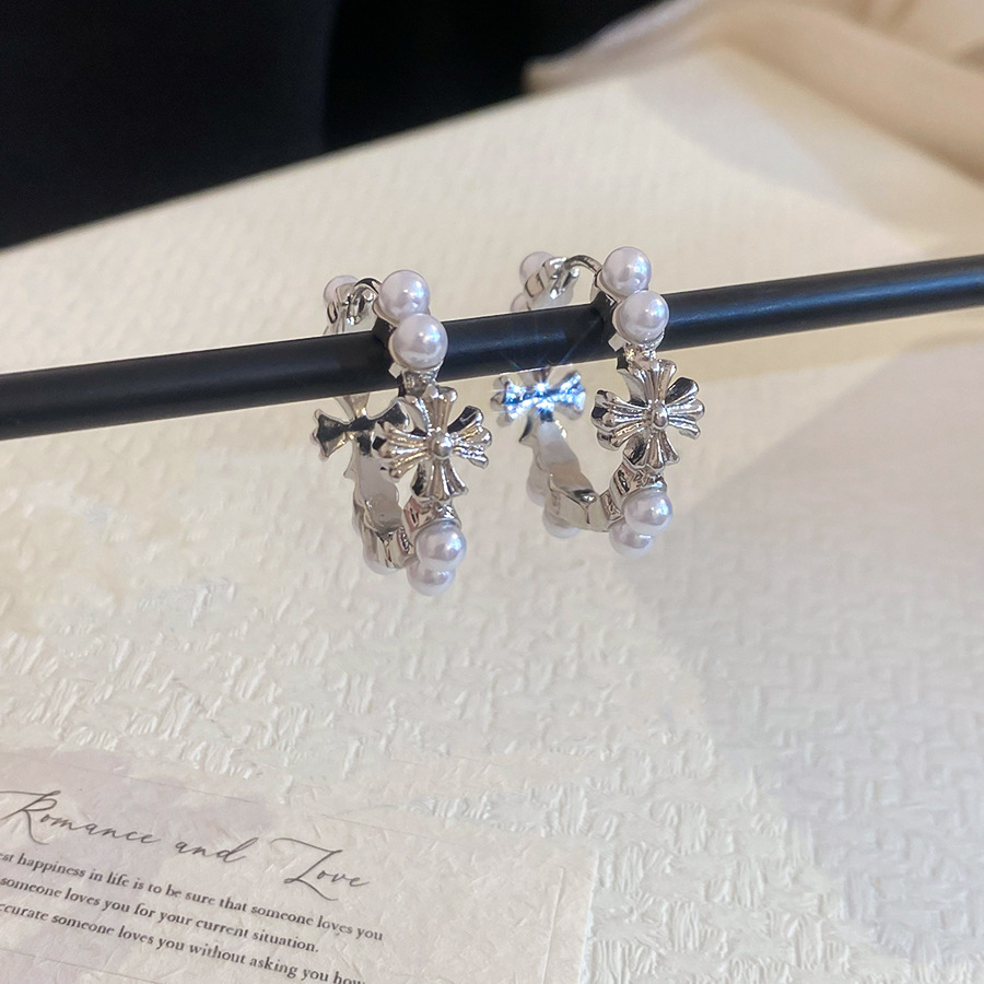 Korean-style ins round cross pearl earrings, simple unique, versatile elegant, with a light luxury and high-end feel - view 6