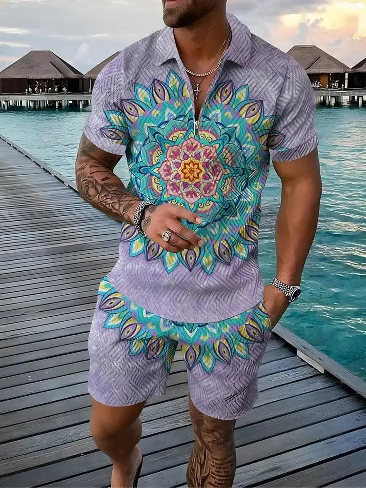 Mens Zipper Collar Polo Shirt And Shorts 2 Piece Set Hawaii Fashion Bohemian Geometric Style 3D Printed Summer Casual Suit 260227