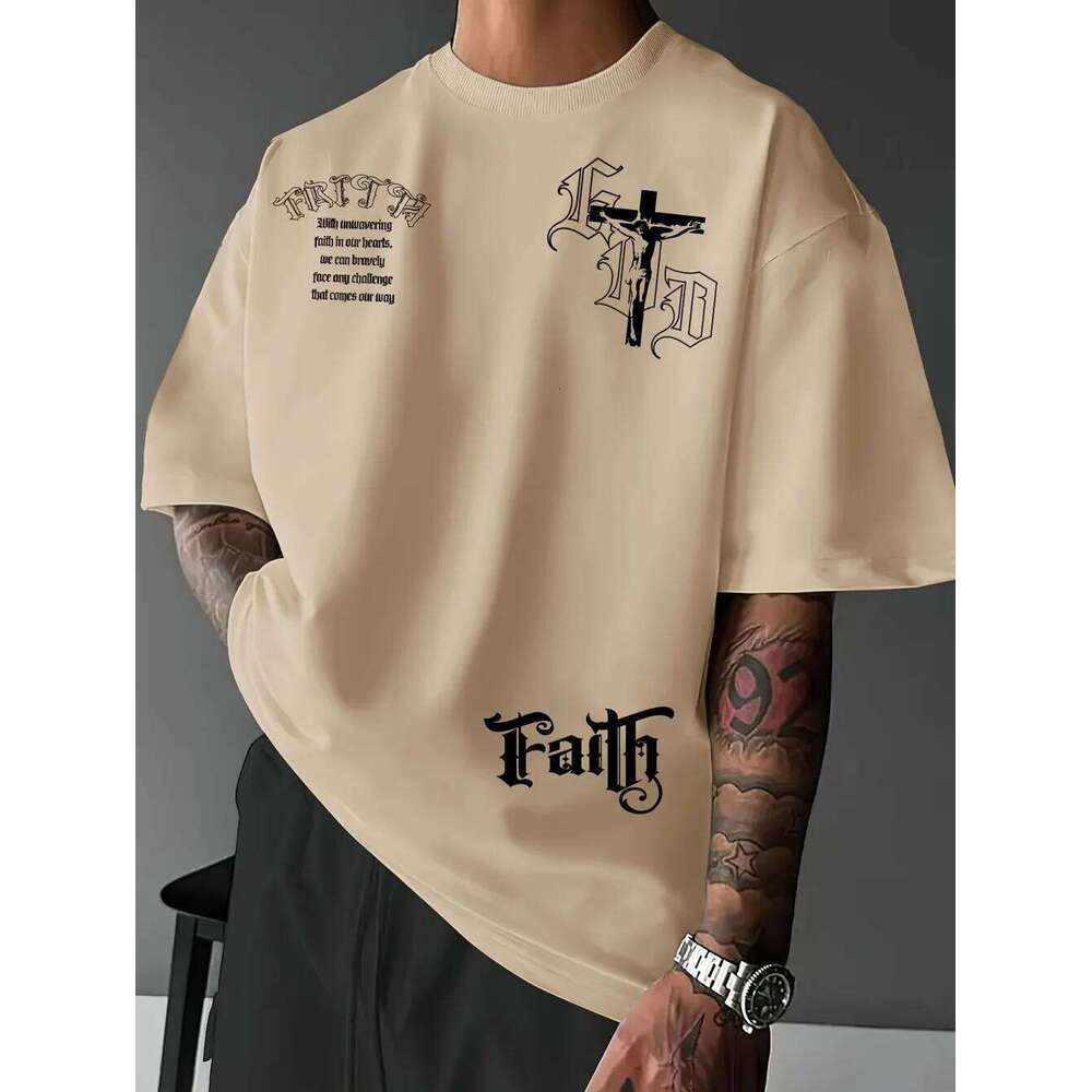 Hot selling men's new summer Gothic letter cross print soft and breathable round neck T-shirt outdoor street style top C260228 - view 5