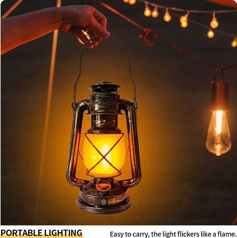 New Lantern Portable Camping with Flame Effect 3 Lighting Mode Vintage Desktop Atmosphere Light USB-C Rechargeable Z260227