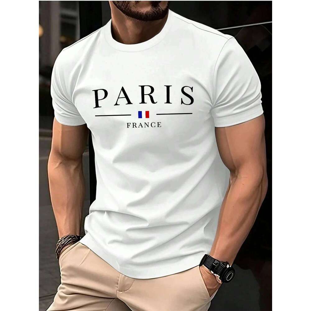 Summer men's 100% pure cotton casual loose plus size Paris French printed sports comfortable round neck short sleeved T-shirt C260228 - view 3