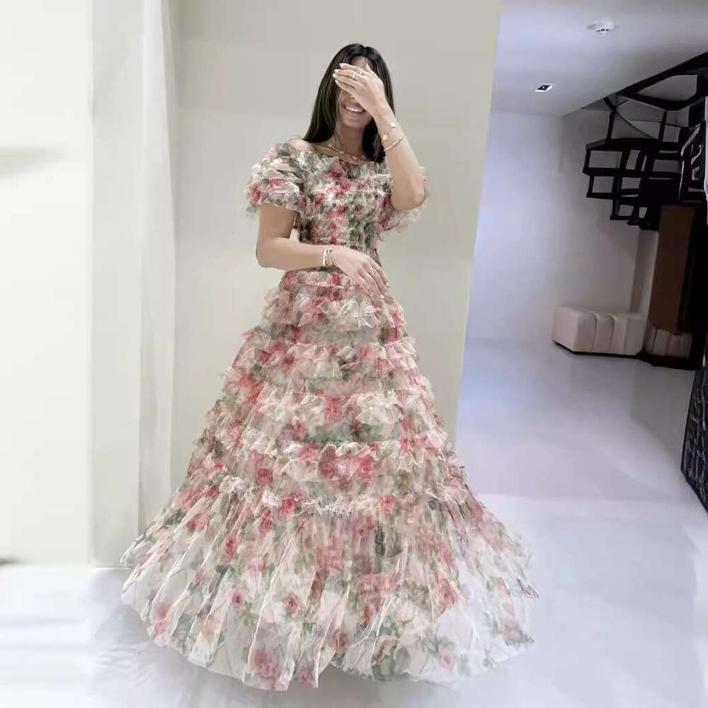 2026 Summer European and a2 American Women's Fashion Designer Women's Off Shoulder Flower Mesh Long Skirt