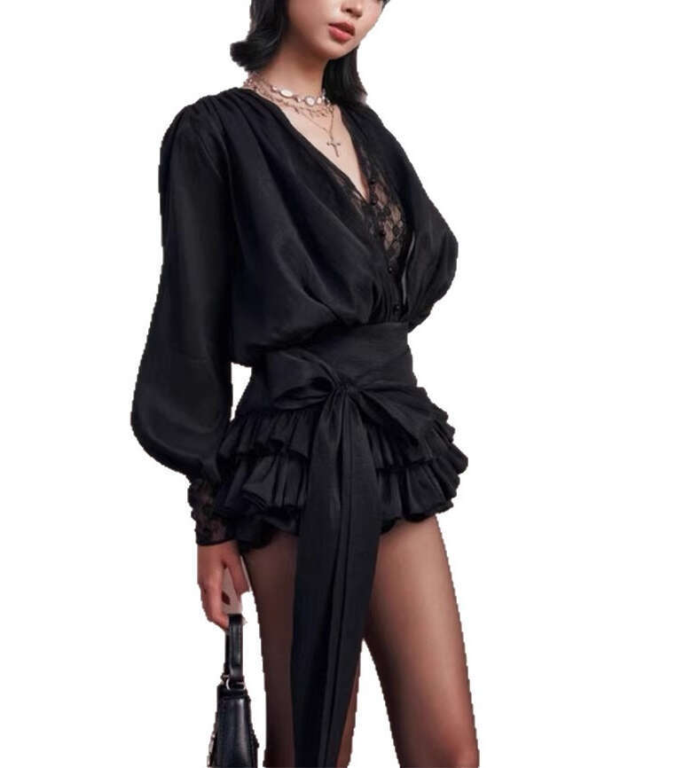 2026 spring/summer niche design lace imitation two-piece satin top high waisted a3 fluffy cake skirt set