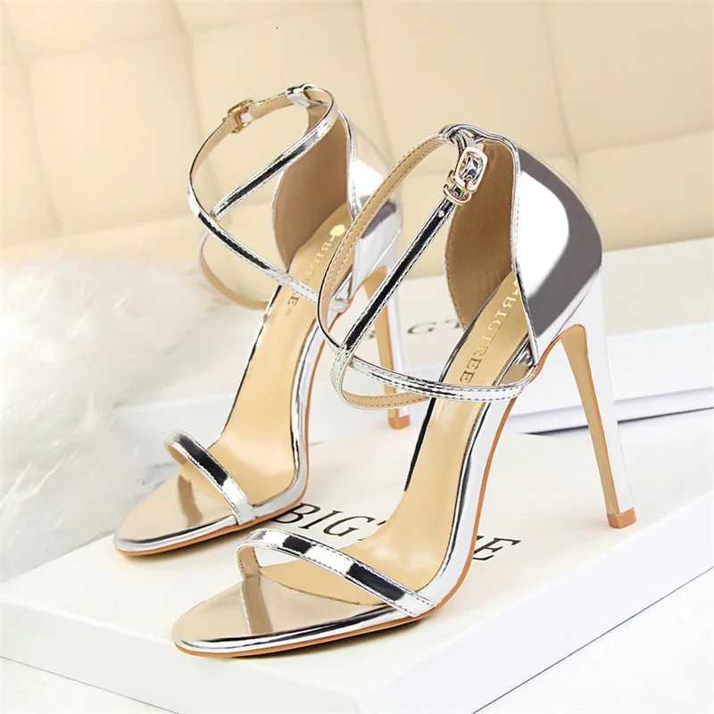 Women Thin High Heels Summer Champagne Gold Open Toe Strap Sandals Roman Pumps Gladiators Hollow Cross Strap Sandals K260228