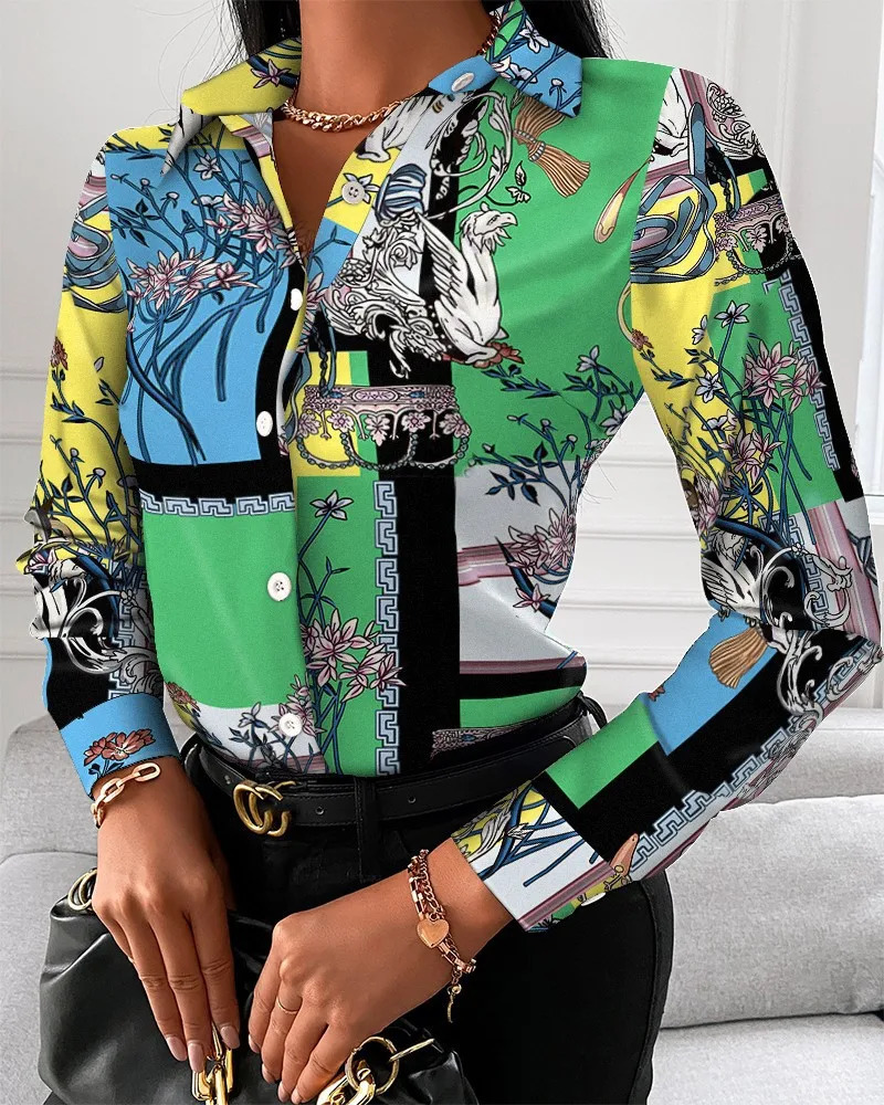 Women Fashion Wild Shirts ChainFloralLetterGeometric Square Print Turn-Down Collar Long Sleeve Blouses 260227 - view 3
